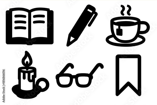 Brutalist Journal Icon Set. Journaling & Reflection silhouette icon set. open notebook, pen, cup of tea, candle, glasses, bookmark