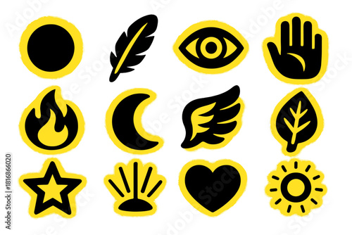 Bold Guardian Icons. Guardian Spirits silhouette icon set: glowing orb, feather, eye, hand, flame, moon, wing, leaf, star, light beam, heart, aura circle