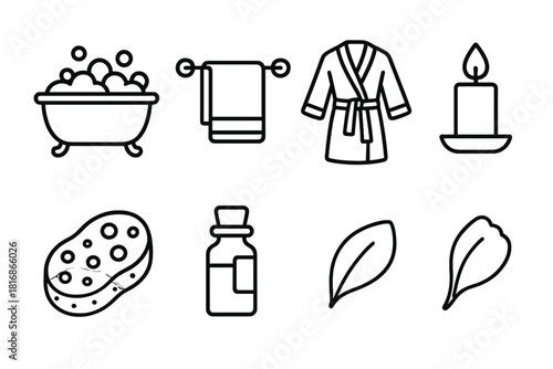 Relaxing Bath Icons. Relaxing Bath linear icon set: bathtub, bubbles, towel rack, bathrobe, candlelight, sponge, essential oil bottle, flower petal