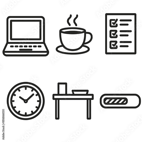 Productive Workspace Icons. Focused Work linear icon set: laptop, coffee cup, task list, clock, tidy desk, progress bar