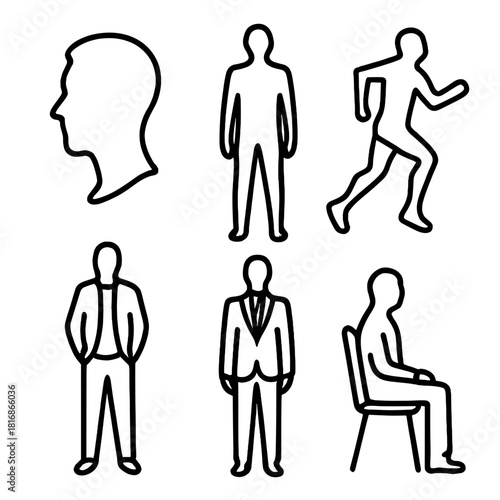 Silhouette Icon Set. Man Silhouettes Set linear icon set: profile silhouette, full-body silhouette, athletic silhouette, casual silhouette, formal silhouette, seated silhouette