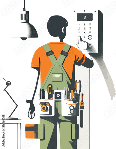 Technician in overalls using a keypad to access building security system illustrated