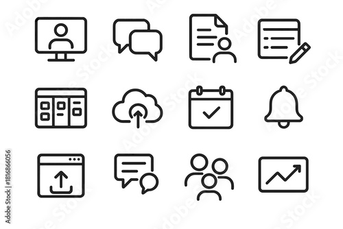 Digital Tool Icons. Digital Collaboration Tools linear icon set. video call screen, chat bubble, shared document, project board, cloud storage, calendar reminder, file upload