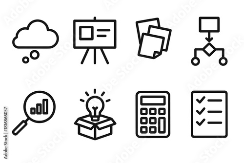 Problem-Solving Tools Icons. Problem-solving approaches tools linear icon set: brainstorming cloud, whiteboard, sticky notes, flow diagram, analysis chart, solution box, calculator