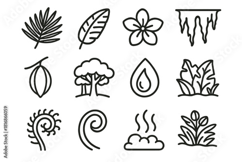 Tropical Botanical Icons. Tropical Botanical Set linear icon set: palm leaf, banana frond, tropical flower, hanging moss, cocoon pod, rainforest canopy, wet leaf droplet, lush