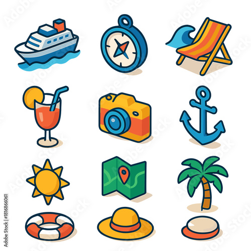 Isometric Ocean Icons. Ocean Voyage flat icon set: cruise ship, compass, wave, deck chair, cocktail, camera, map, anchor, sun, lifebuoy, hat, palm tree