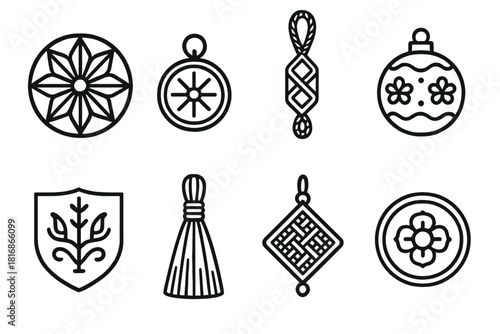 Traditional Ornament Icons. Tradition-Inspired Ornaments linear icon set: textile rosette, etched charm, patterned thread loop, ceramic sphere, symbolic crest, handmade tassel