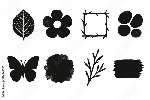 Nature Icons Set. Nature Inspired silhouette icon set. leaf print, flower silhouette, twig frame, pebble pattern, butterfly, watercolor wash, branch, soft brush