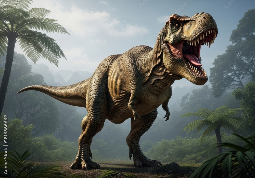 Fototapeta premium Majestic tyrannosaurus rex roaring in a lush jungle environment