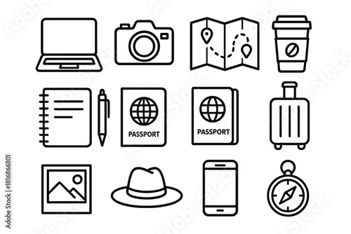 Nomadic Essentials Icons. Digital Nomad Life linear icon set. laptop, camera, map, coffee cup, notebook, pen, passport, suitcase, photo, hat, phone, compass