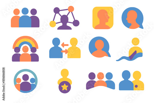 Identity and Influence Icons. Identity & Social Influence Set flat icon set: group silhouettes, connected nodes, identity shape, cultural arc, interaction arrows, perspective