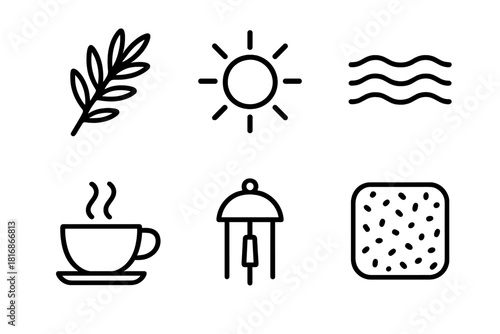 Calming Sensory Icons. Calming Sensory Elements linear icon set: aromatic herb sprig, dim light orb, soft ripple line, warm tea cup, quiet chime, soothing texture patch