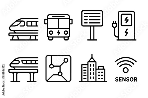 Futuristic Urban Transport Icons. Smart City Transport linear icon set: maglev train, electric bus, digital timetable, charging hub, elevated track, route map, city skyline, sensor
