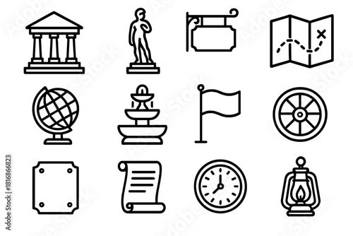 Cultural Heritage Icons. Cultural Heritage linear icon set. museum, statue, old sign, map, globe, fountain, flag, carriage wheel, plaque, scroll, clock, vintage lamp