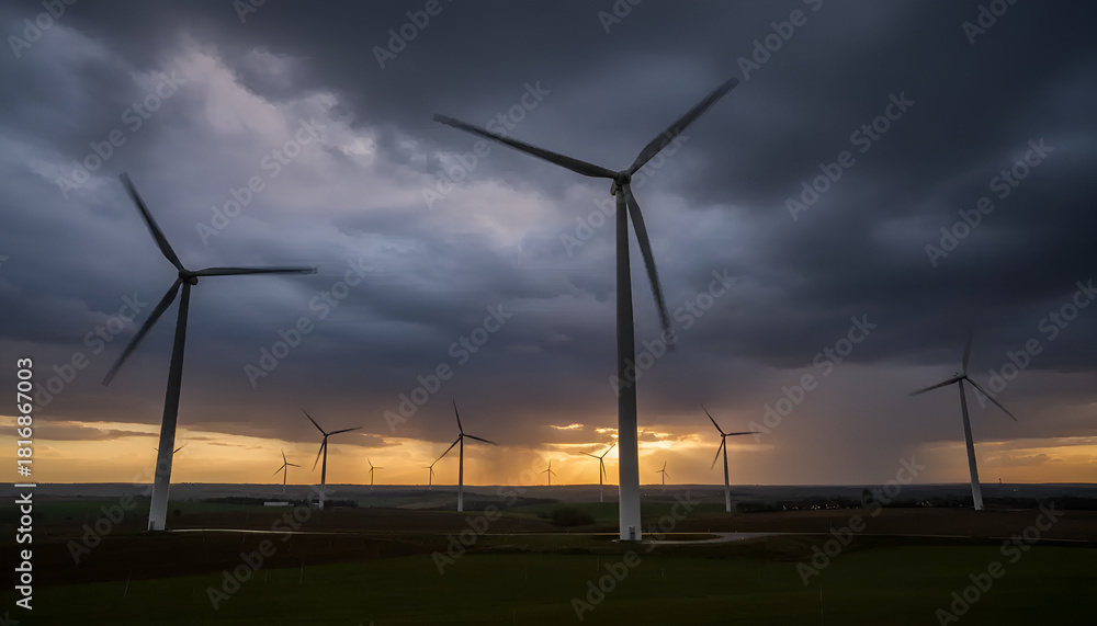 Obraz premium A landscape with wind turbines against a darkening sky and sunset, perfect for promoting renewable energy or environmental conservation.