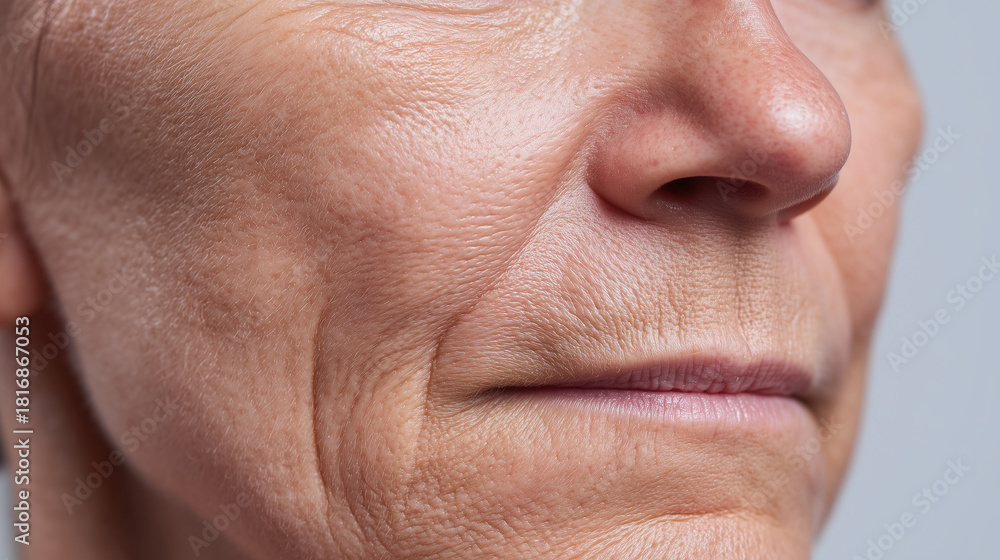 Fototapeta premium Close up of mature woman face showing nasolabial area with fine wrinkles, textured skin, and natural aging, highlighting realistic skin details and subtle expression lines