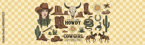 Illustrated cowgirl themed design featuring desert elements such as cacti horses and western accessories