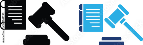 law and justice symbol featuring a judge's gavel and a legal document presented in both a solid black and a blue color variation