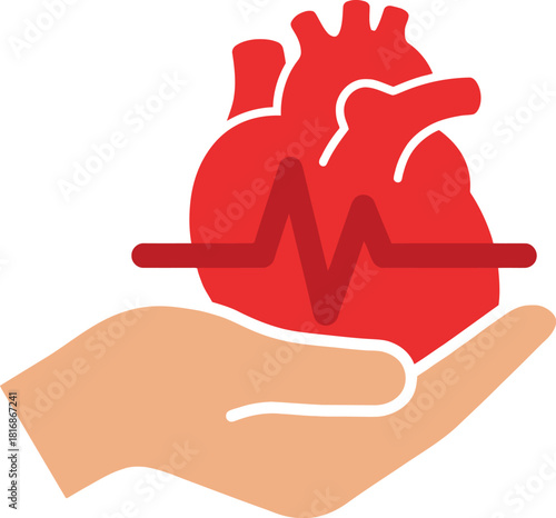 A stylized human heart held in an open hand with an electrocardiogram line on transparent background