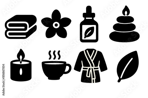 Bold Spa Icons. Spa Calm Icons silhouette icon set. towel, flower, essential oil, stones, candle, tea cup, robe, leaf.