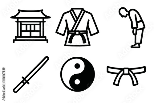 Martial Arts Icons. Traditional Martial Arts linear icon set. dojo hall, gi uniform, black belt, bowing pose, wooden sword, yin yang symbol.