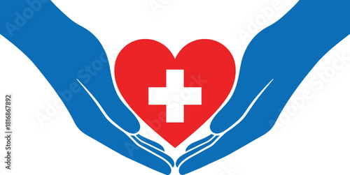 Hands gently cradling a red heart with a swiss cross representing care and protection on transparent background