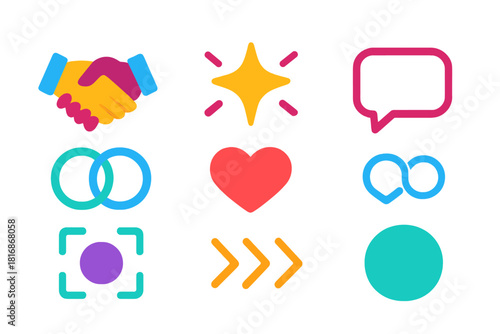 Vibrant Engagement Icons. Engagement Icons Set flat icon set: handshake, shared spark, linked circles, open speech bubble, heart connection, focus ring, aligned arrows, active dot