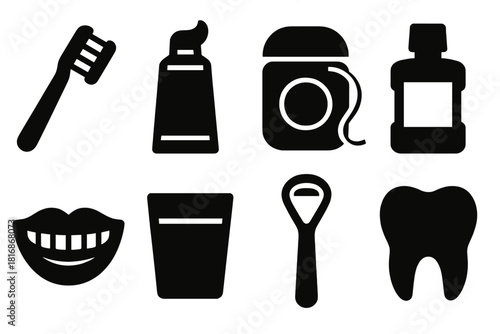 Brutalist Oral Care Icons. Oral Hygiene silhouette icon set. toothbrush, toothpaste, dental floss, mouthwash bottle, smile icon, water cup, tongue cleaner, tooth symbol