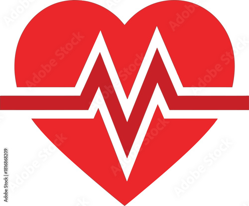A vibrant red heart shape featuring a white electrocardiogram line design on transparent background
