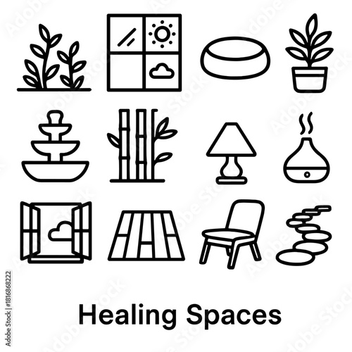 Tranquil Indoor Oasis. Healing Spaces linear icon set: indoor garden, sunlight window, meditation cushion, potted plant, water fountain, bamboo wall, soft lighting, aroma diffuser