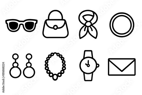 Fashion Icon Set. Fashion Accessories linear icon set: sunglasses, handbag, scarf, bracelet, earrings, necklace, watch, clutch