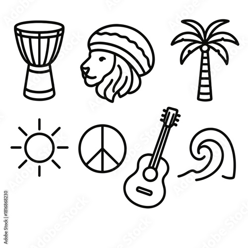 Reggae Harmony Icons. Cultural harmony concept linear icon set: drum, rasta hat, lion, palm tree, sun, guitar, peace sign, wave , smooth organic lines, reggae-inspired design