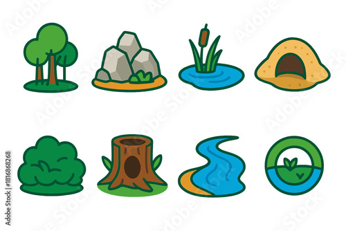 Wild Habitat Icons. Wild Habitat flat icon set: tree grove, rocky outcrop, marsh pool, sandy burrow, dense shrub band, hollow stump, river bend, habitat ring