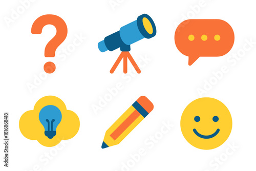 Curious Icon Collection. Curious Mindset flat icon set: question mark, telescope, chat bubble, idea cloud, pencil, smile