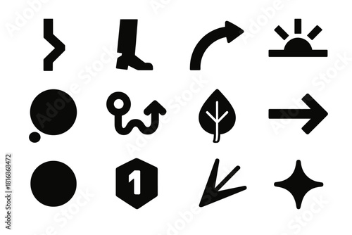 Bold Transition Icons. Life Shift Symbols silhouette icon set: transition line, forward step, change curve, rising light, thoughtful bubble, new route icon, grounding leaf, journey
