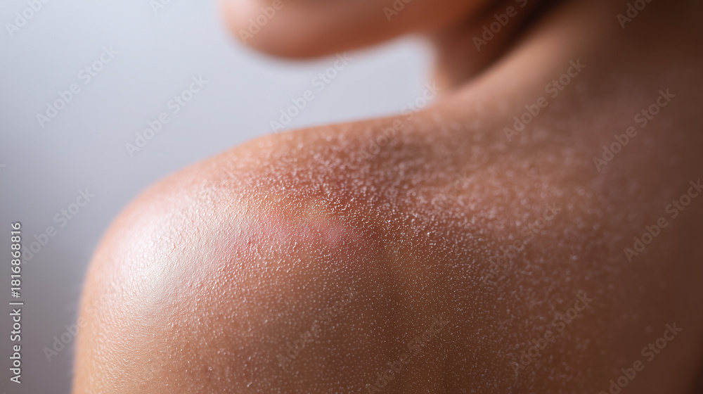 Fototapeta premium Close up shoulder skin dryness peeling inflammation irritation flaking texture healthcare showing detailed dry and peeling skin shoulder with visible irritation and inflammation evoking discomfort