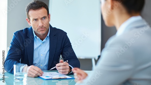 Concerned client engages in a focused business discussion across a conference table.