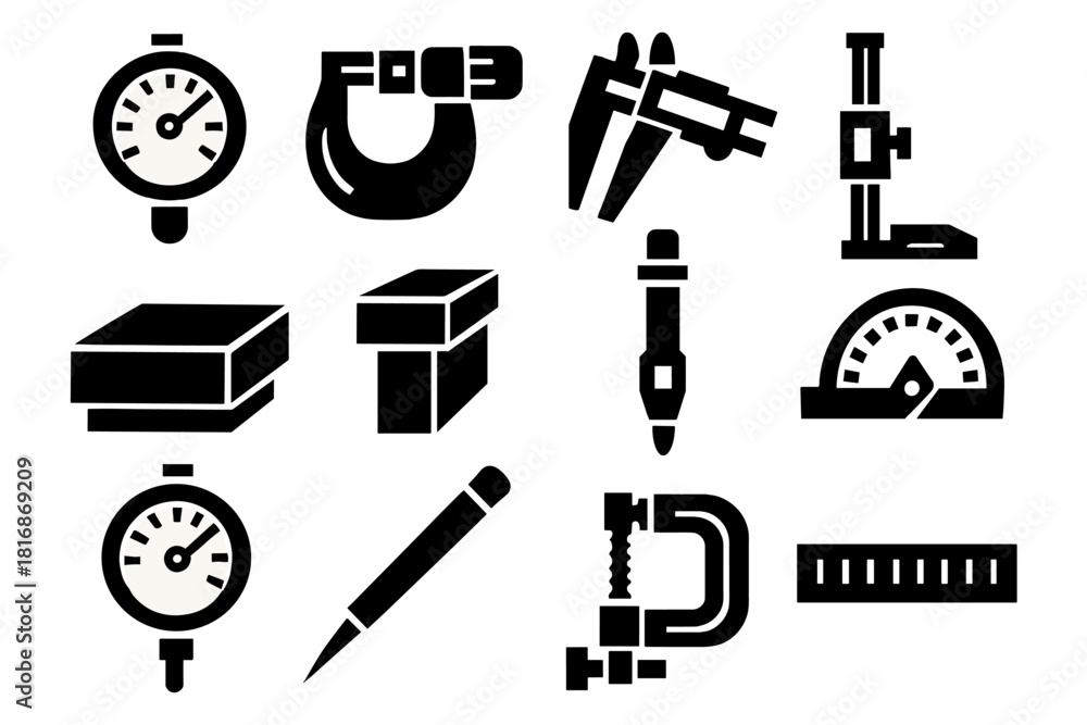 Fototapeta premium Machinist Tool Icons. Machinist Precision Tools silhouette icon set: dial indicator, micrometer, caliper, height gauge, surface plate, gauge block, edge finder, protractor, test