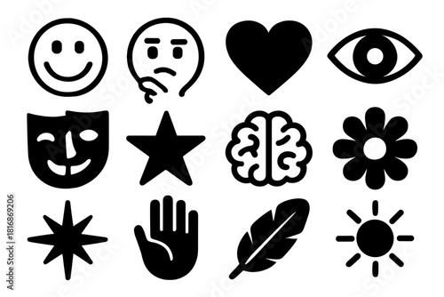 Bold Icons Collection. Human Personality silhouette icon set: smiling face, thoughtful face, heart, eye, mask, star, brain, flower, spark, hand, feather, sun