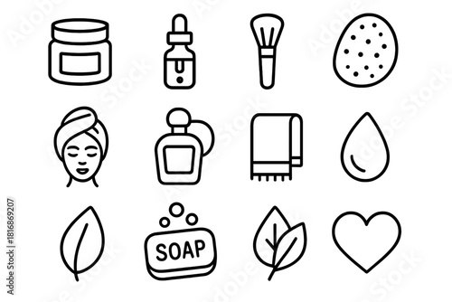 Wellness Icons Collection. Wellness habits linear icon set: skincare jar, dropper, brush, sponge, hair wrap, perfume bottle, towel, flower petal, soap, water droplet, leaf, heart