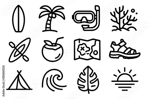 Tropical Adventure Icons. Tropical Adventure Escapes linear icon set: surfboard, palm tree, snorkeling mask, coral reef, kayak, coconut, island map, hiking sandal, beach tent, wave