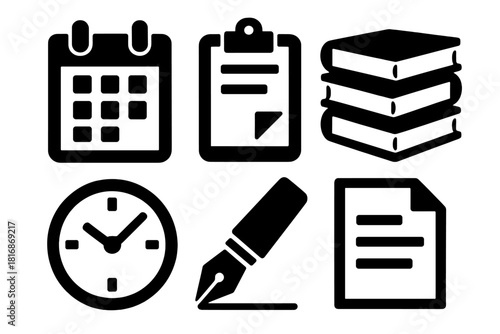 Brutalist Lesson Icons. Lesson Planning silhouette icon set. calendar, clipboard, book stack, clock, pen, paper sheet