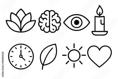 Mindfulness Icons. Inner Focus Set linear icon set: lotus flower, brain, eye, candle, clock, leaf, sun, heart