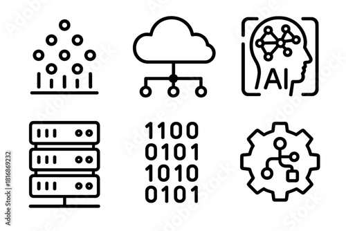 Tech Icon Set. Big Data Analysis linear icon set: data cluster, cloud processing, AI analytics, server rack, binary stream, algorithm gear