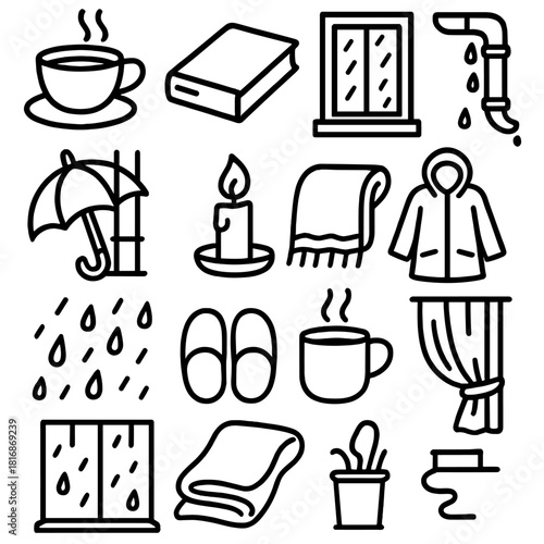 Cozy Rainy Day. Cozy Rain Scene linear icon set: teacup, book, window view, dripping gutter, umbrella stand, candle, blanket, raincoat, raindrops on glass, slippers, mug steam
