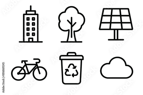 Green City Icons. Green City linear icon set: skyscraper, tree, solar panel, bicycle, recycling bin, cloud