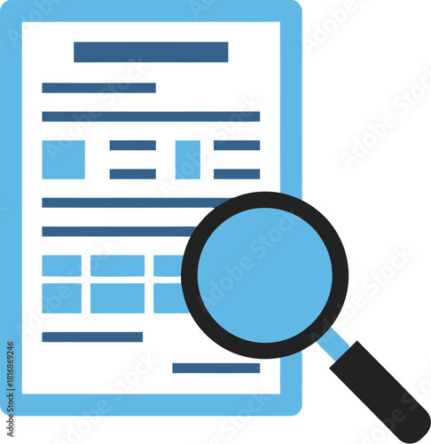 A blue smartphone displaying a document with a magnifying glass hovering over it on transparent background