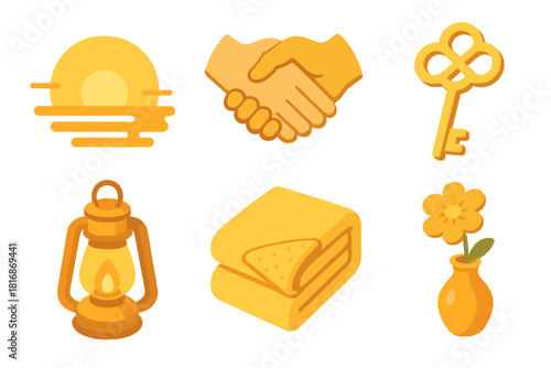 Golden Memories Icons. Golden Memories flat icon set : sunset horizon, clasped hands, vintage key, glowing lantern, soft blanket, flower in vase