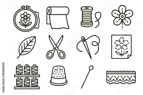 Textile Embroidery Icons. Textile Embroidery linear icon set. hoop with design, fabric roll, thread spool, stitched flower, leaf motif, scissors, needle, pattern sheet, spool rack