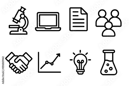 Academic Collaboration Icons. Academic Teamwork linear icon set: microscope, laptop, research paper, people icons, handshake, graph, idea bulb, test tube